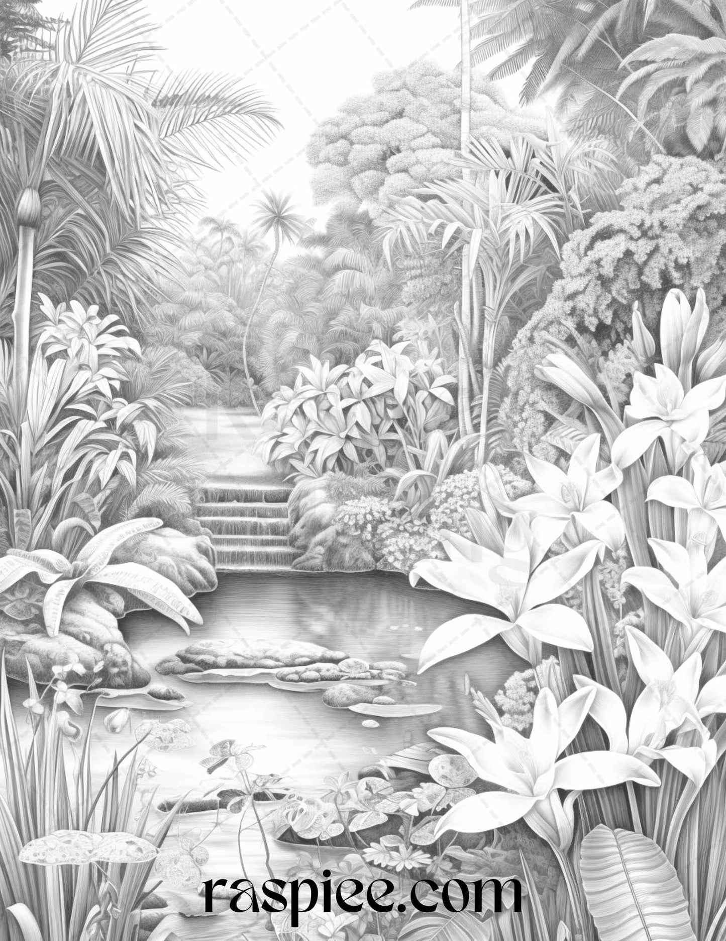 52 Tropical Oasis Grayscale Coloring Pages Printable for Adults, PDF File Instant Download - Raspiee Coloring
