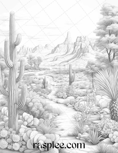 40 Desert Landscapes Grayscale Coloring Pages Printable for Adults, PDF File Instant Download - Raspiee Coloring