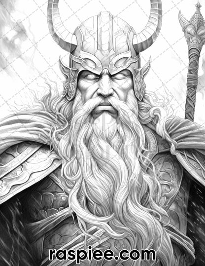 52 Mythology Gods Grayscale Coloring Pages for Adults, Printable PDF Instant Download