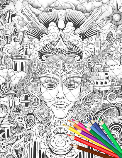 Psychedelic Trippy Coloring Book Printable for Adults, Grayscale Coloring Page, PDF File Instant Download - raspiee