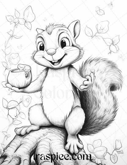52 Adorable Squirrels Grayscale Coloring Pages Printable for Adults Kids, PDF File Instant Download - Raspiee Coloring
