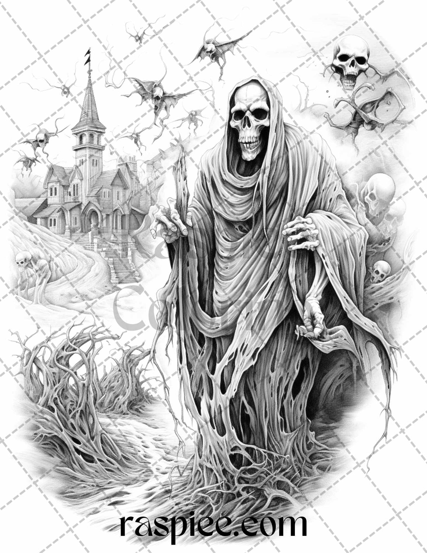 60 Halloween Nightmare Grayscale Coloring Pages Printable for Adults, PDF File Instant Download