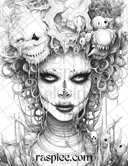 50 Scary Clown Girls Grayscale Coloring Pages Printable for Adults, PDF File Instant Download - raspiee
