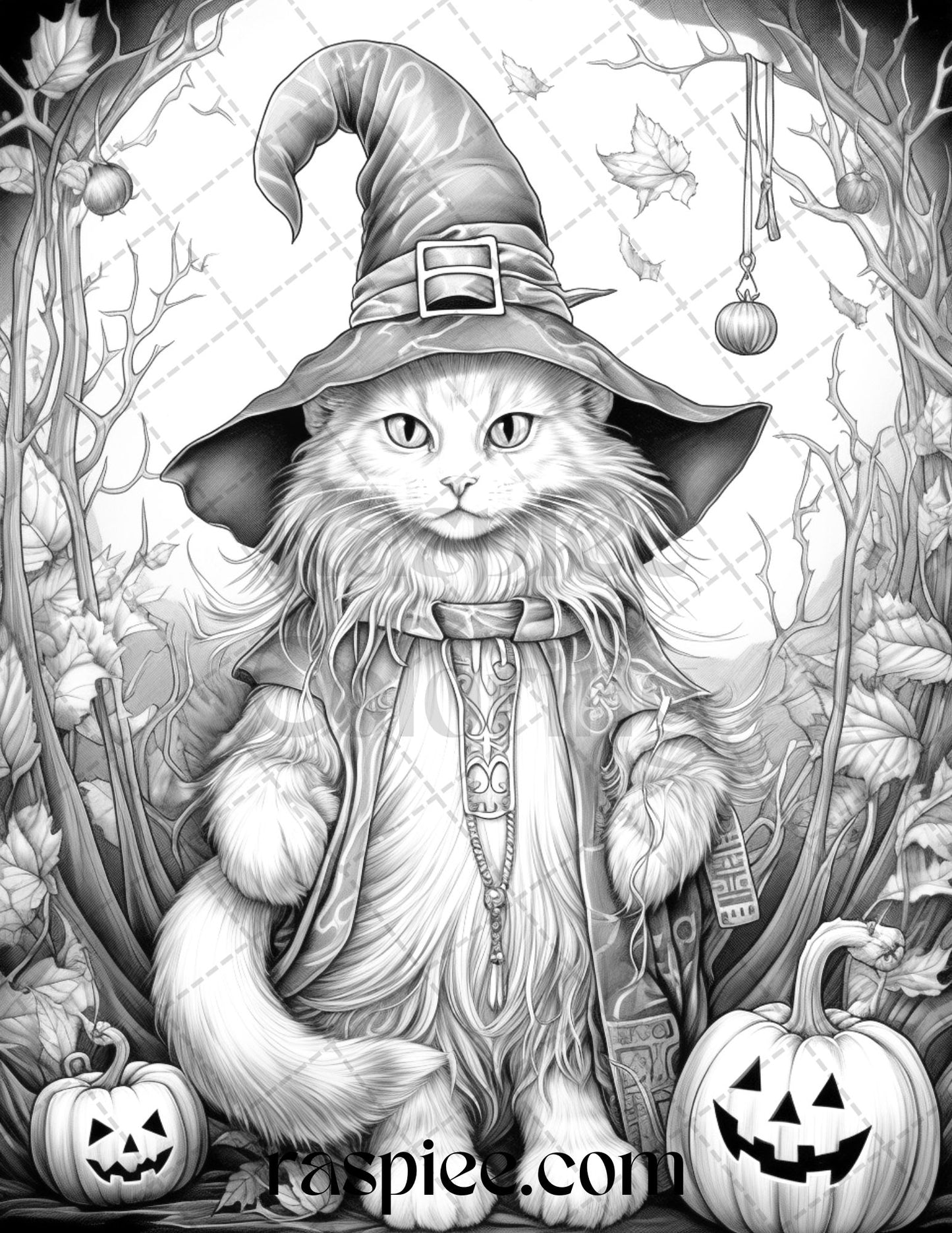 40 Halloween Witch Cat Grayscale Coloring Pages Printable for Adults, PDF File Instant Download