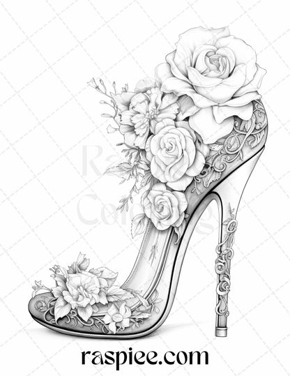 40 Flower Wedding Shoes Grayscale Coloring Pages Printable for Adults, PDF File Instant Download - Raspiee Coloring