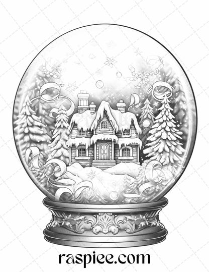 Cozy Cabin in Snow Globe Grayscale Coloring Pages Printable for Adults, PDF File Instant Download - Raspiee Coloring