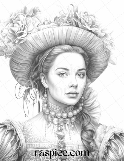 40 Baroque Women Portrait Grayscale Adult Coloring Pages Printable, PDF File Instant Download - Raspiee Coloring