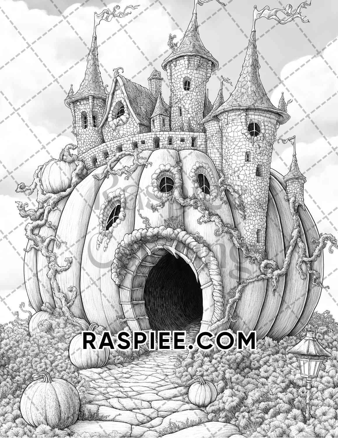 Fantasy Giant Pumpkin Castles Adult Coloring Pages Printable PDF Instant Download - RASPIEE