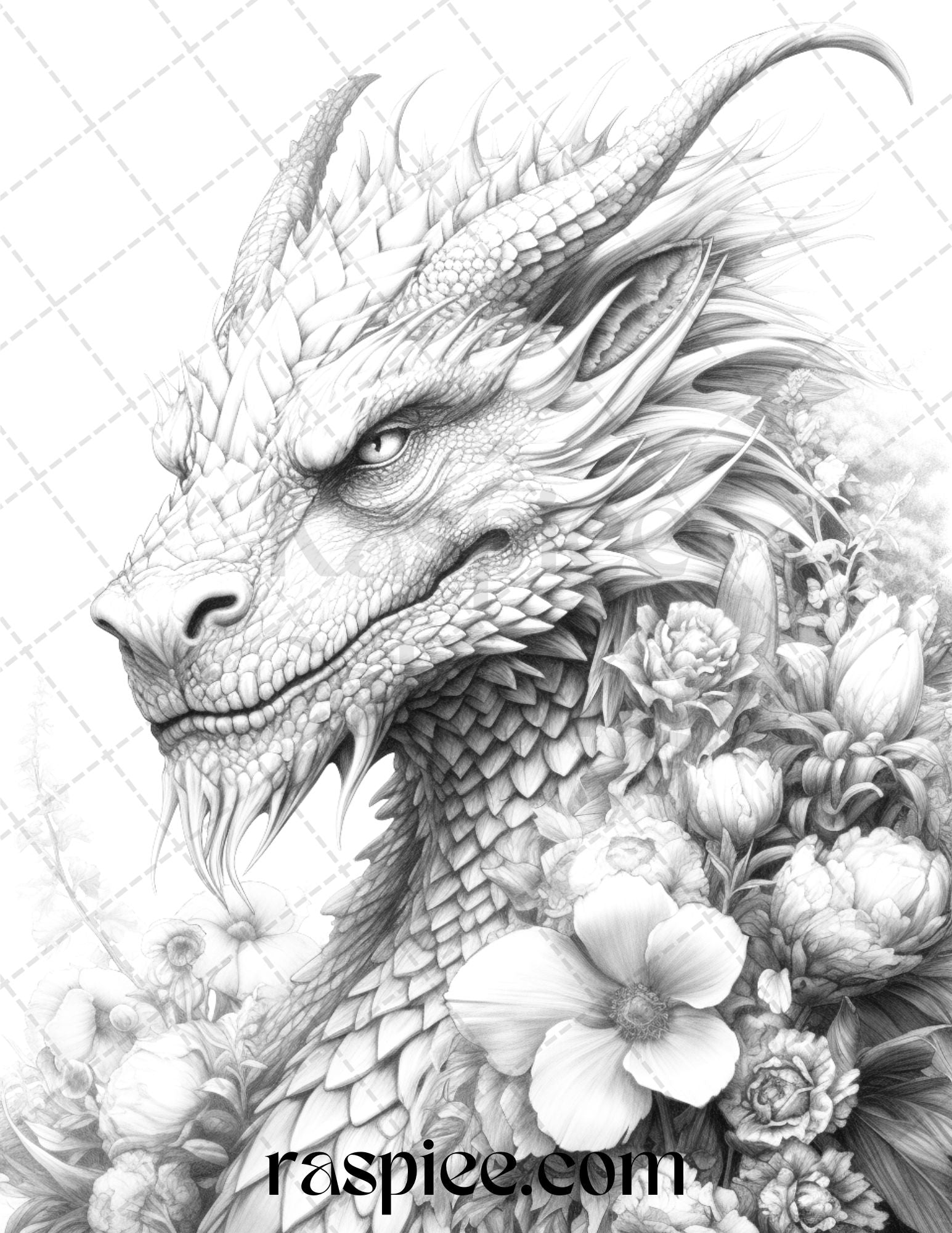40 Flower Dragon Grayscale Coloring Pages Printable for Adults, PDF File Instant Download - raspiee