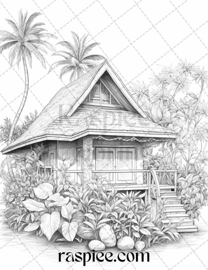 40 Hawaii Tiki Houses Grayscale Coloring Pages Printable for Adults, PDF File Instant Download