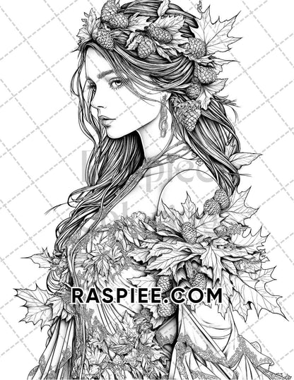 Autumn Beauties Portrait Adult Coloring Pages Printable PDF Instant Download