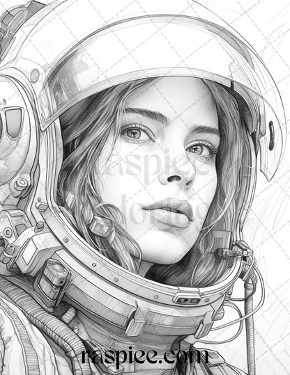 50 Astronaut Girl Portrait Grayscale Coloring Pages Printable for Adults, PDF File Instant Download
