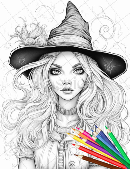 40 Cute Witches Coloring Pages Printable for Adults, Grayscale Coloring Page, PDF File Instant Download - raspiee