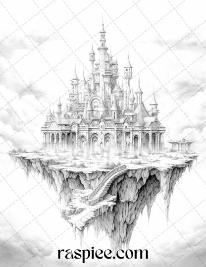 Floating Castle in the Sky Grayscale Coloring Pages for Adults, Printable PDF File Instant Download