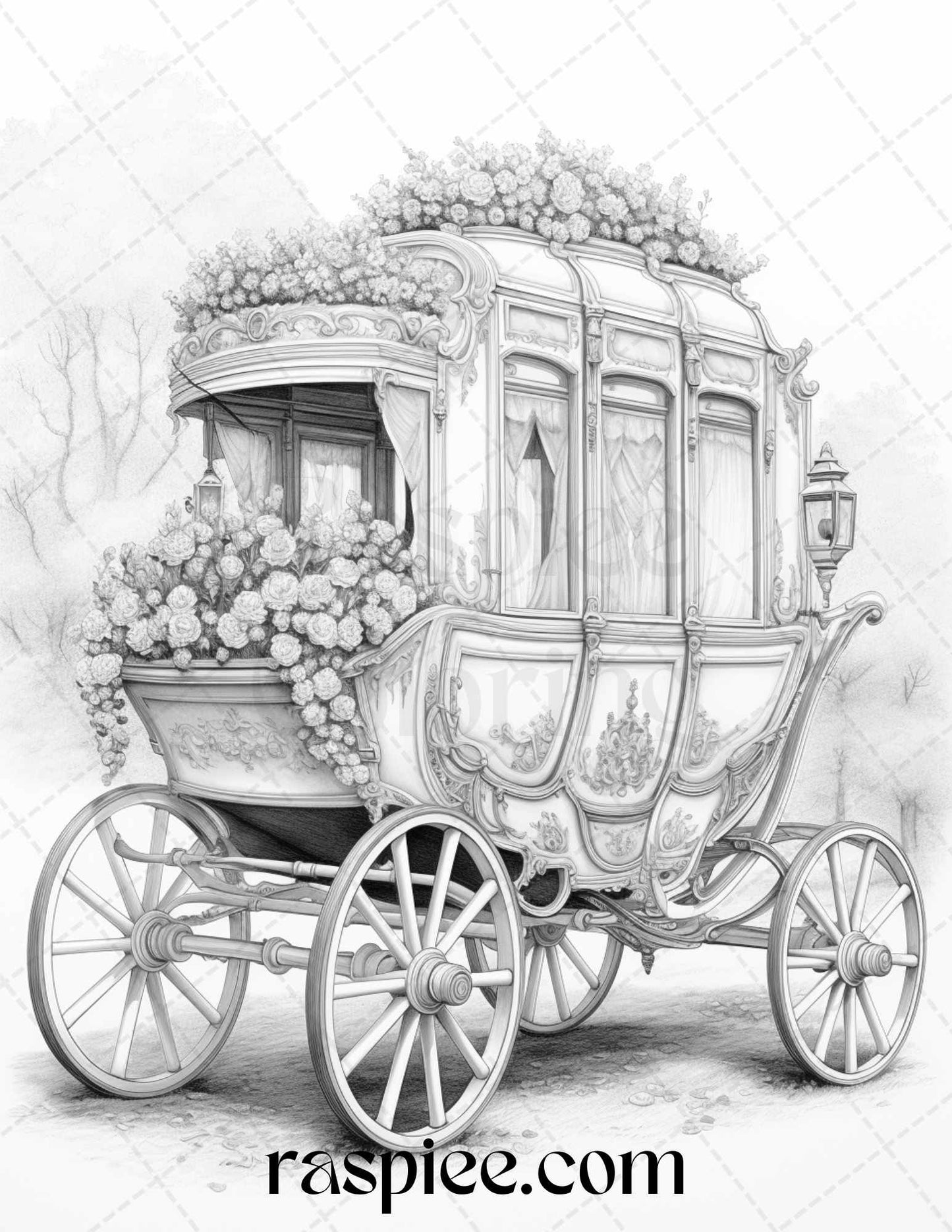 Vintage Flower Carriage Grayscale Coloring Pages Printable for Adults, PDF File Instant Download - Raspiee Coloring