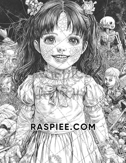 Haunted Dolls Halloween Horror Adult Coloring Pages Printable PDF Instant Download - RASPIEE