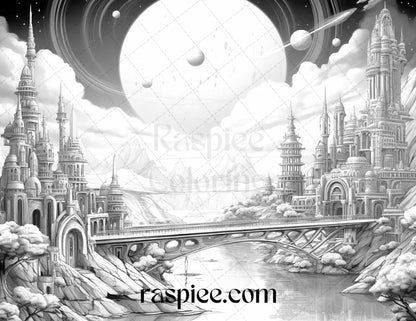 55 Celestial Landscapes Grayscale Coloring Pages Printable for Adults, PDF File Instant Download - Raspiee Coloring