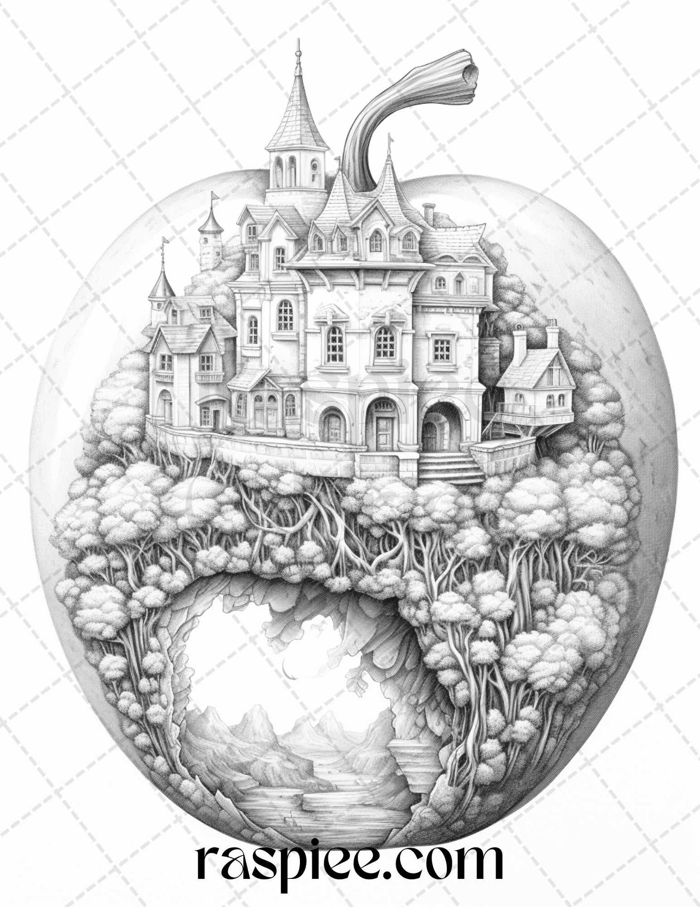 60 Miniworld in the Apple Grayscale Coloring Pages Printable for Adults, PDF File Instant Download