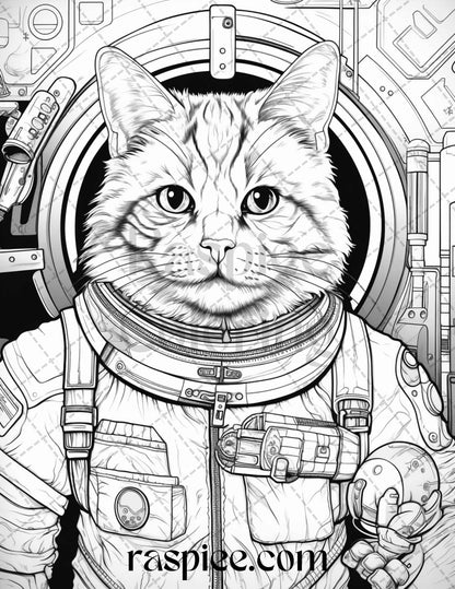 40 Cat Astronaut Grayscale Coloring Pages Printable for Adults Kids, PDF File Instant Download - raspiee