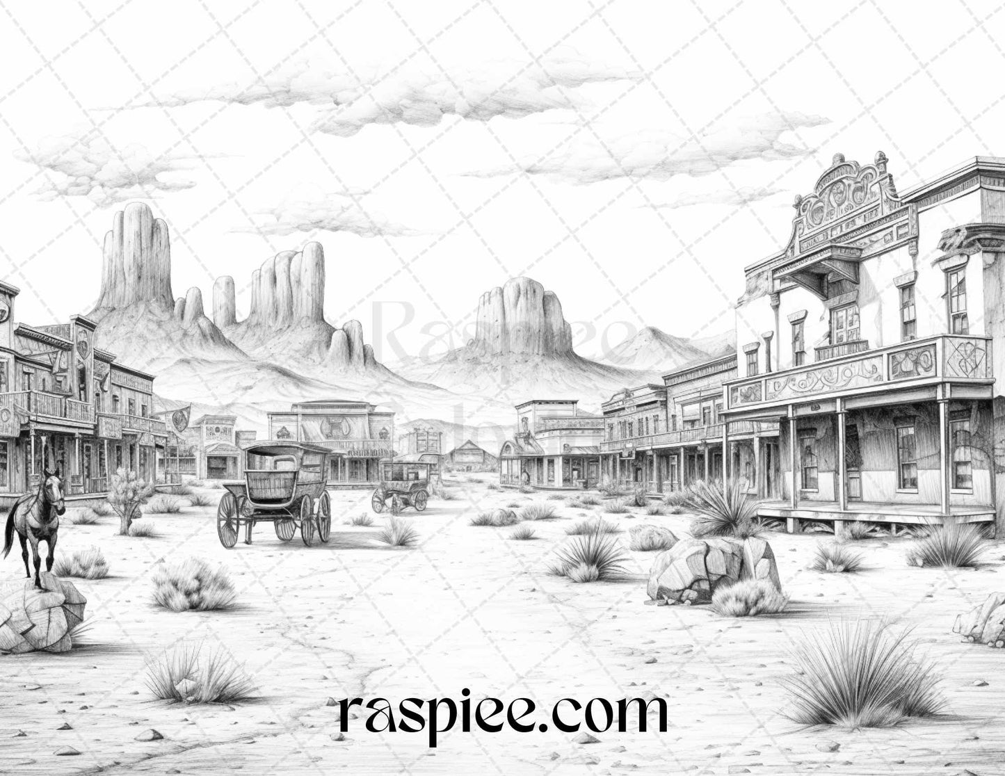 40 Wild West Towns Grayscale Coloring Pages Printable for Adults, PDF File Instant Download - Raspiee Coloring