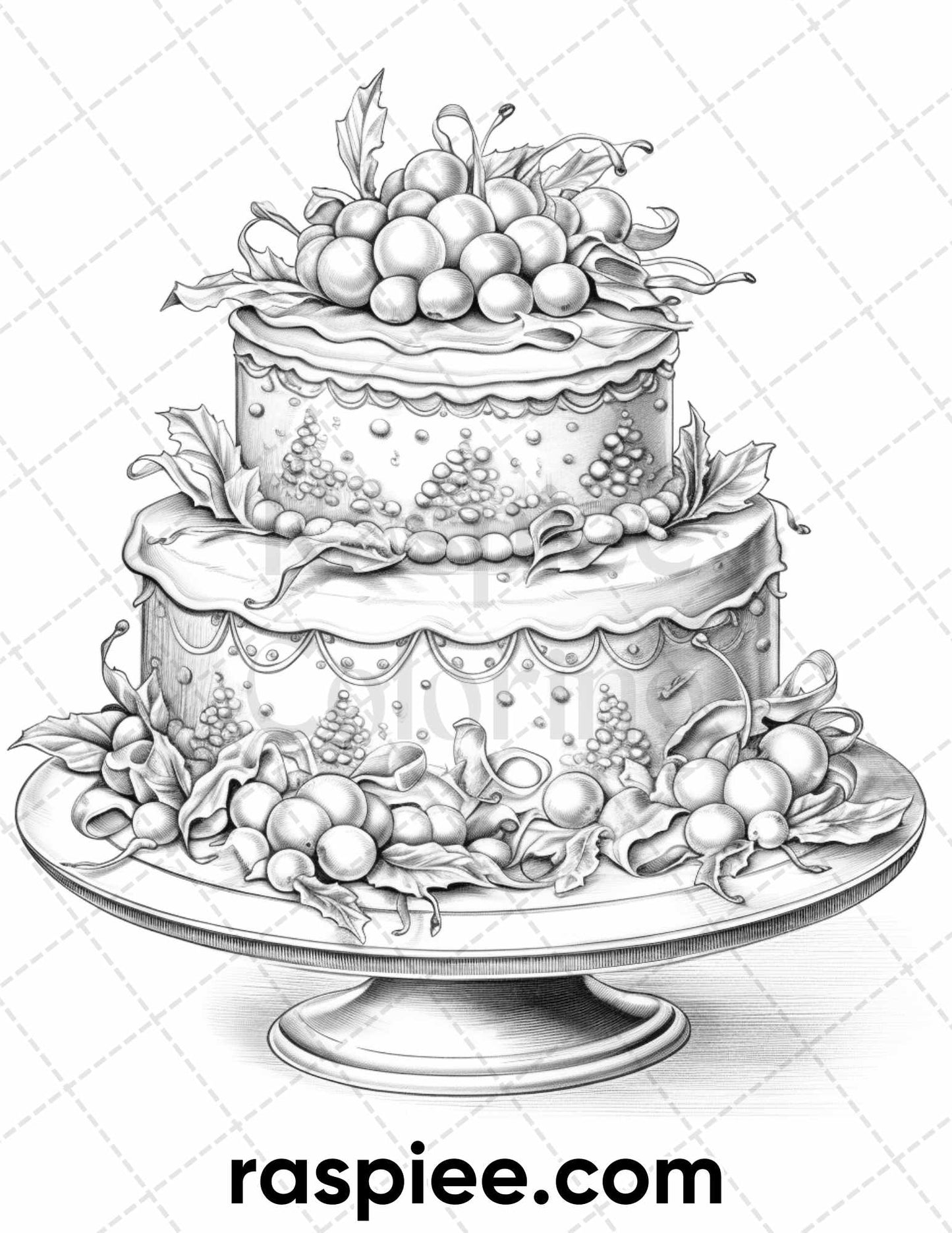 45 Christmas Cakes Grayscale Coloring Pages for Adults, Printable PDF File Instant Download
