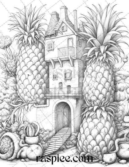 50 Pineapple Houses Grayscale Coloring Pages Printable for Adults, PDF File Instant Download - raspiee