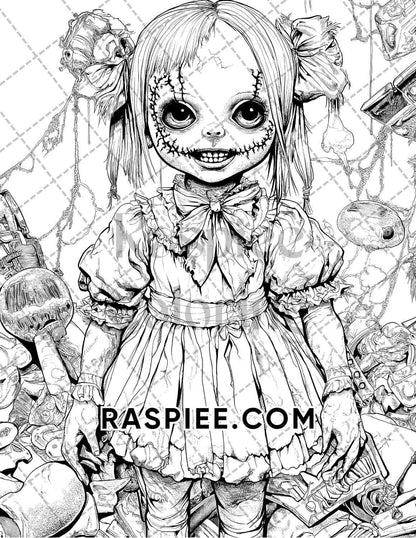 Haunted Dolls Halloween Horror Adult Coloring Pages Printable PDF Instant Download - RASPIEE