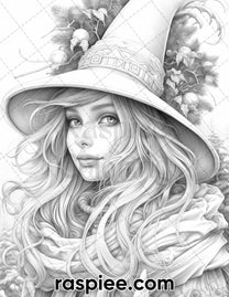 50 Christmas Witch Grayscale Coloring Pages for Adults, Printable PDF ...