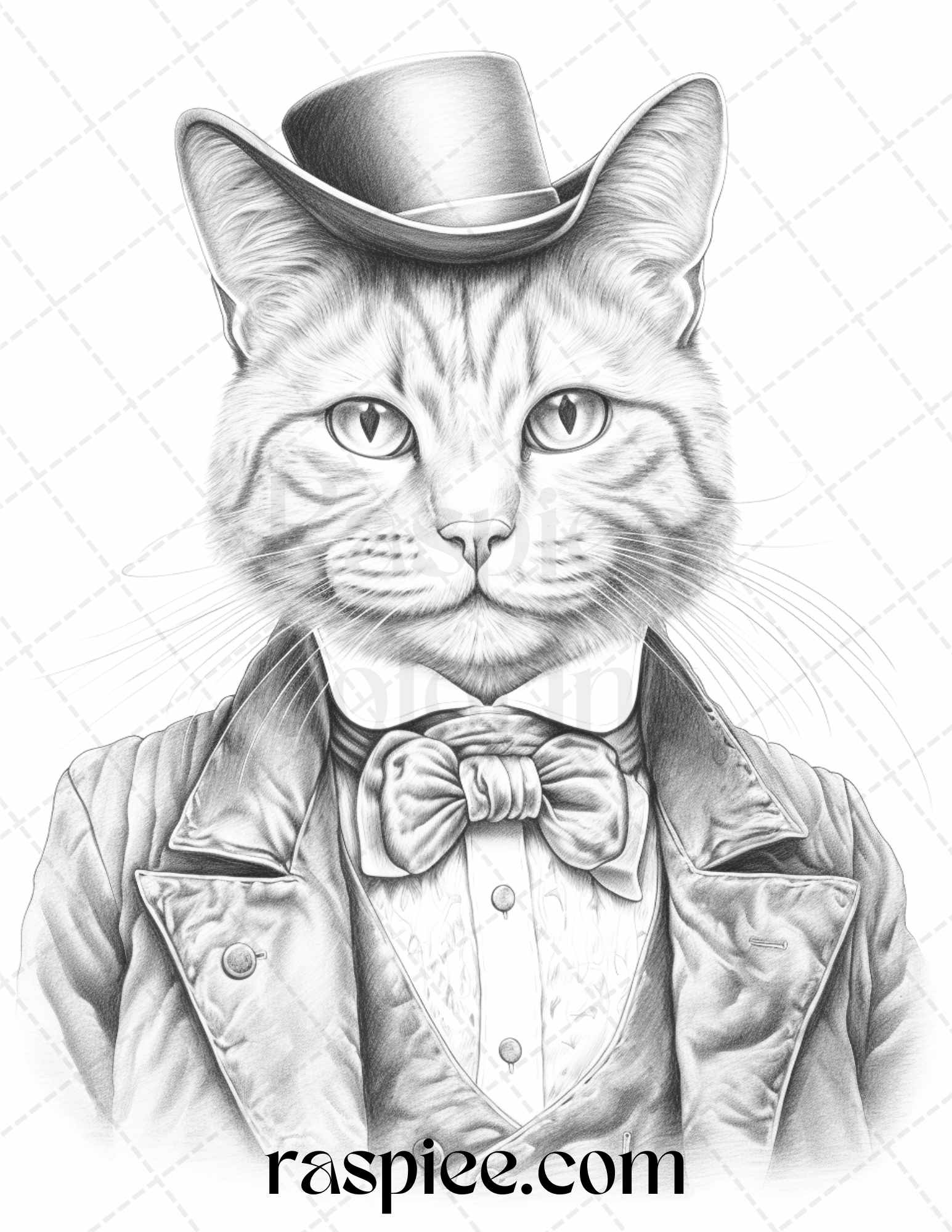 Gentleman Cat Grayscale Coloring Pages Printable for Adults Kids, PDF File Instant Download - Raspiee Coloring