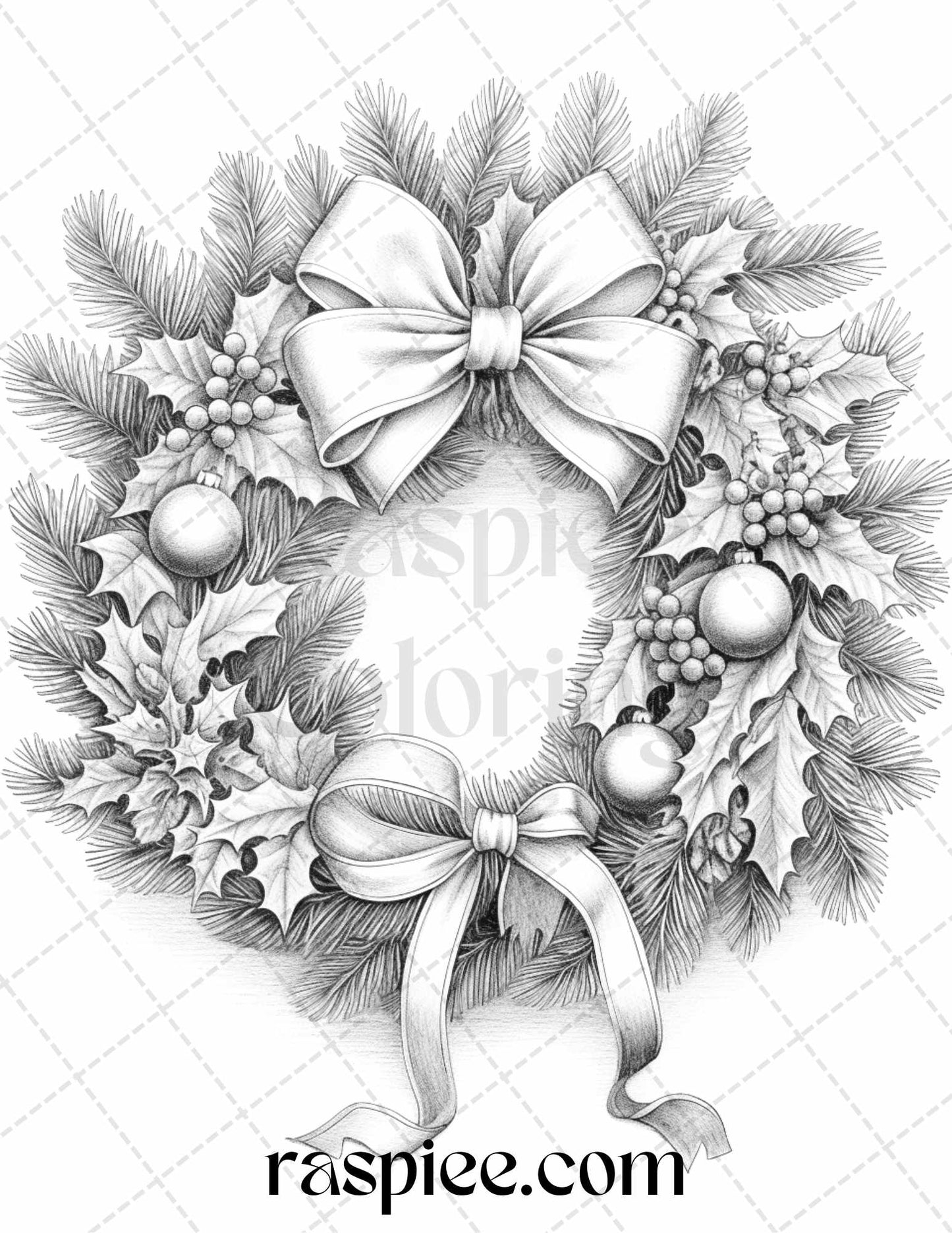 40 Christmas Wreath Grayscale Coloring Pages Printable for Adults, PDF File Instant Download