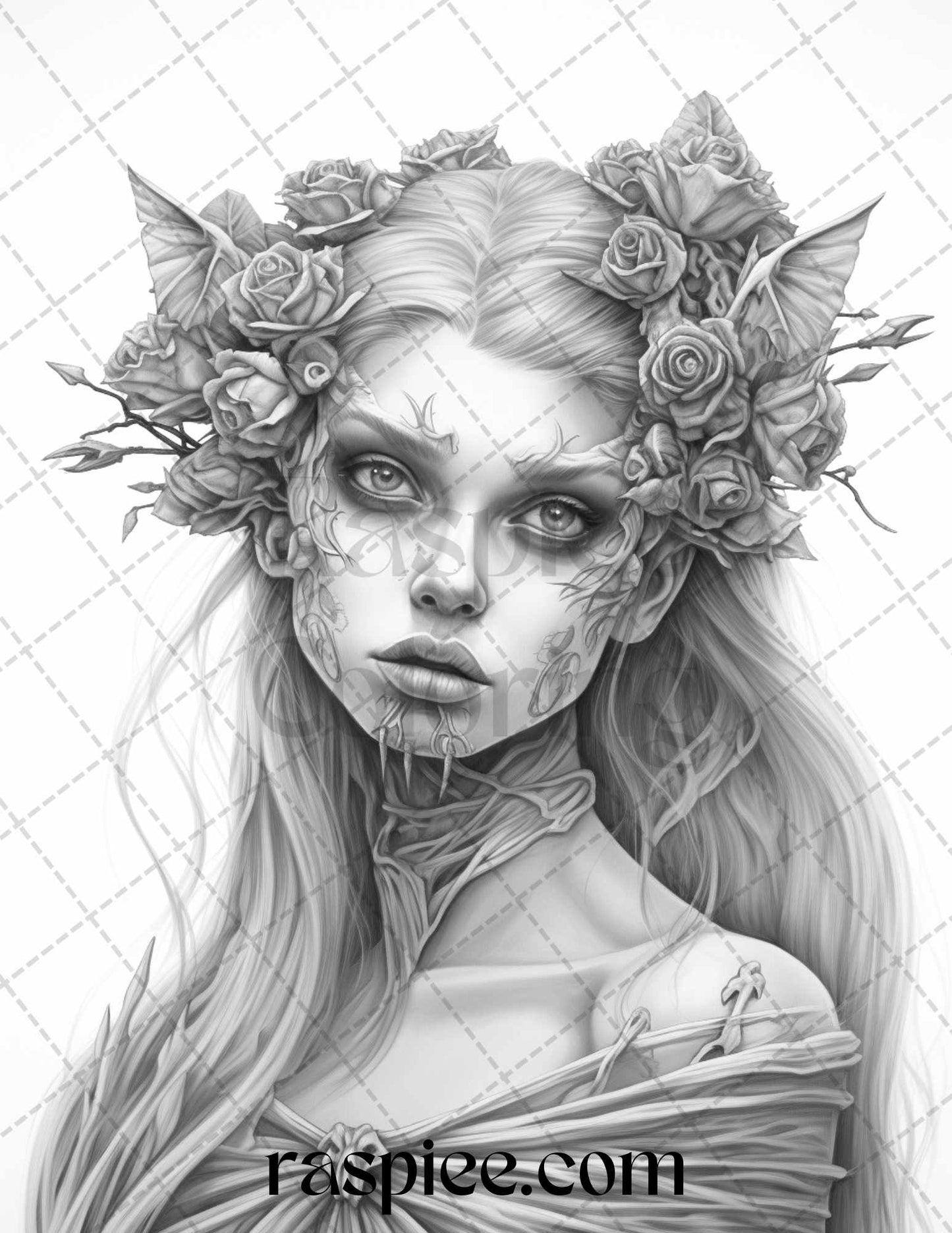 60 Halloween Zombie Fairy Grayscale Coloring Pages Printable for Adults, PDF File Instant Download