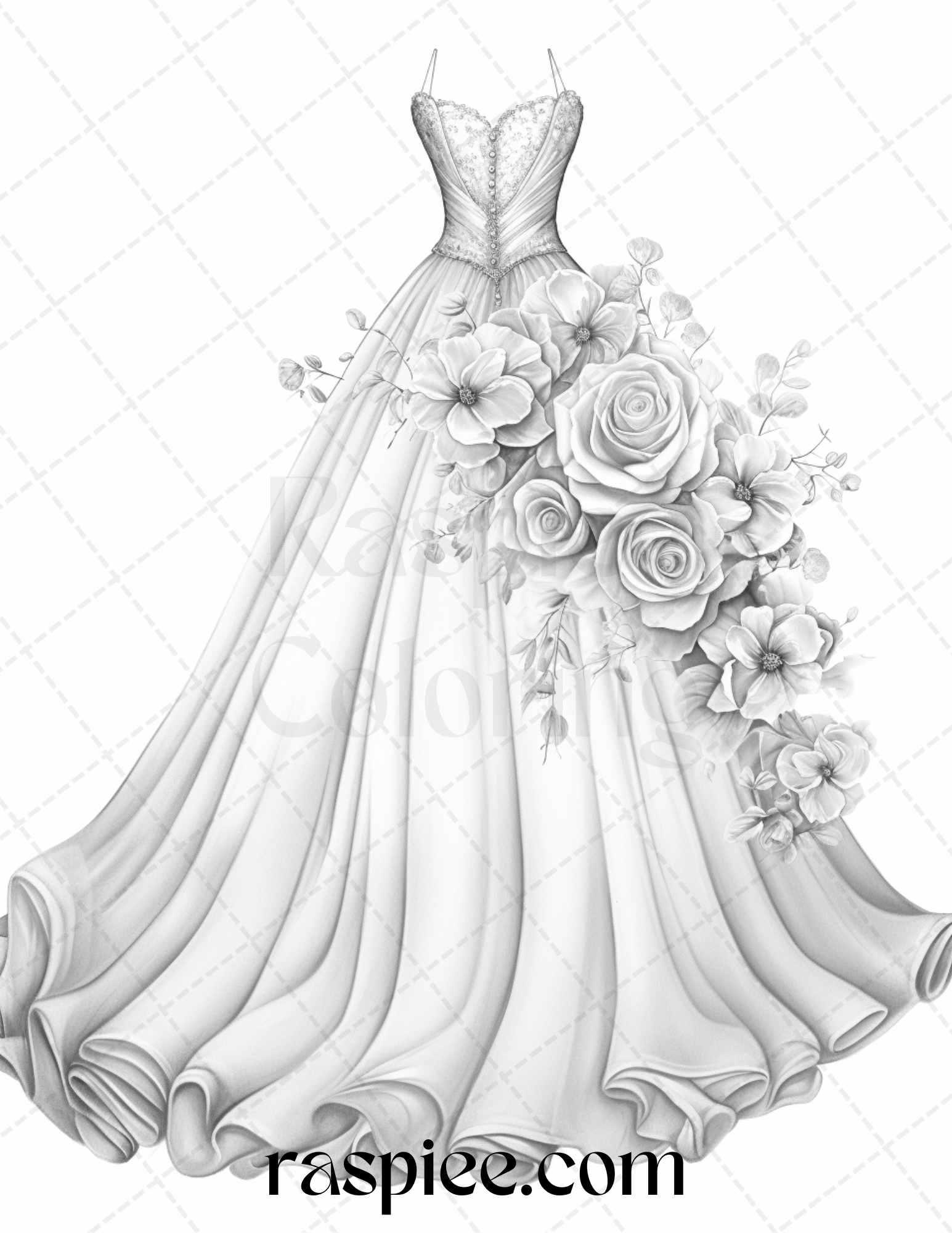 40 Elegant Floral Wedding Dresses Grayscale Coloring Pages