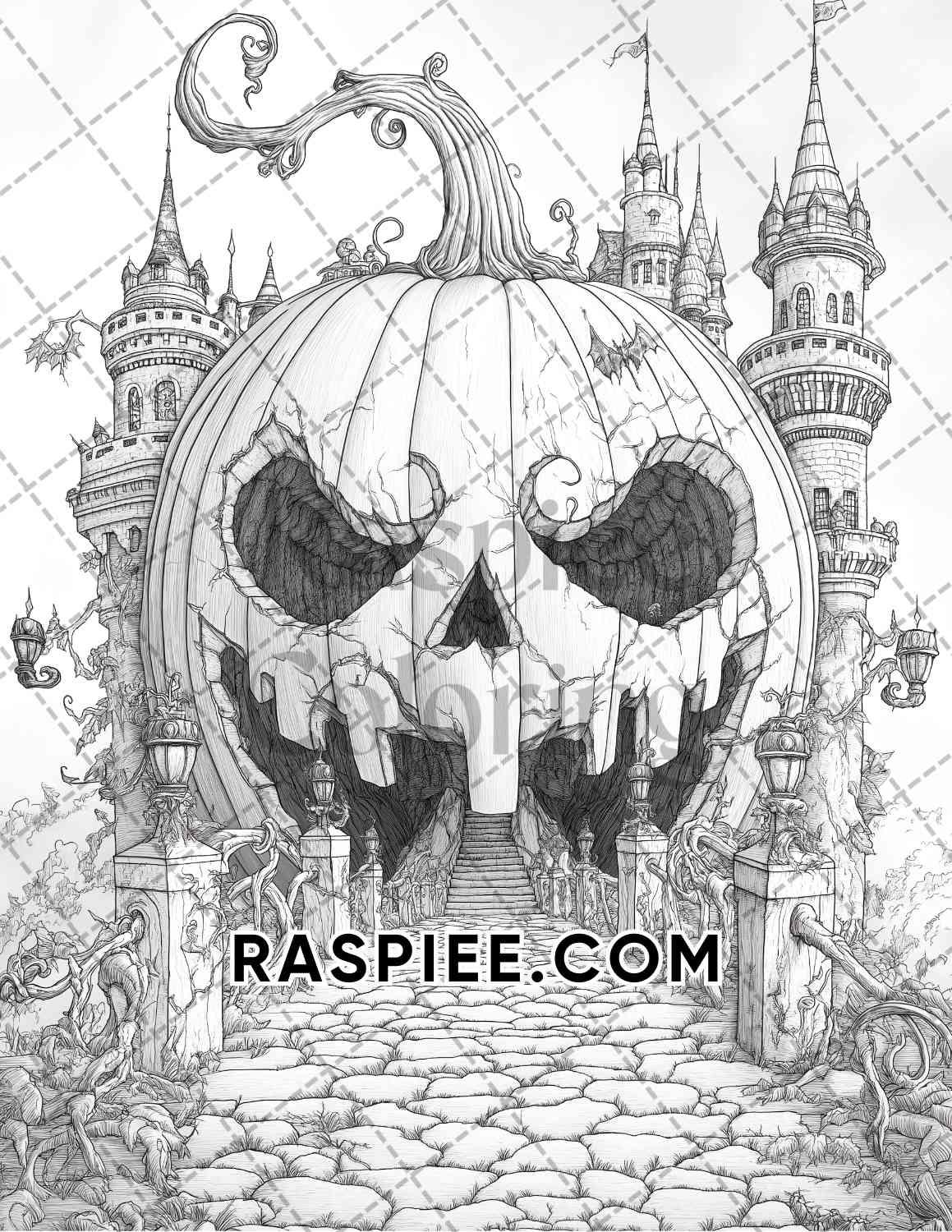 Fantasy Giant Pumpkin Castles Adult Coloring Pages Printable PDF Instant Download - RASPIEE