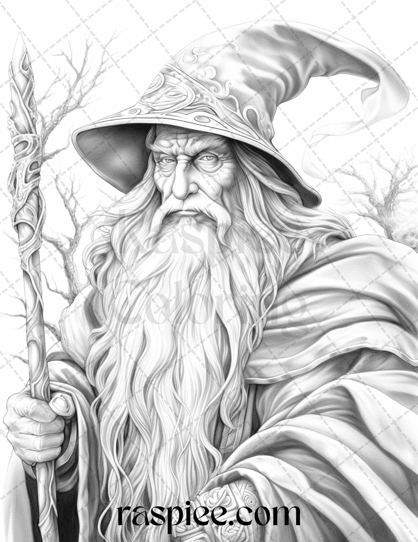 50 Magical Wizard Grayscale Coloring Pages for Adults, Printable PDF File Instant Download