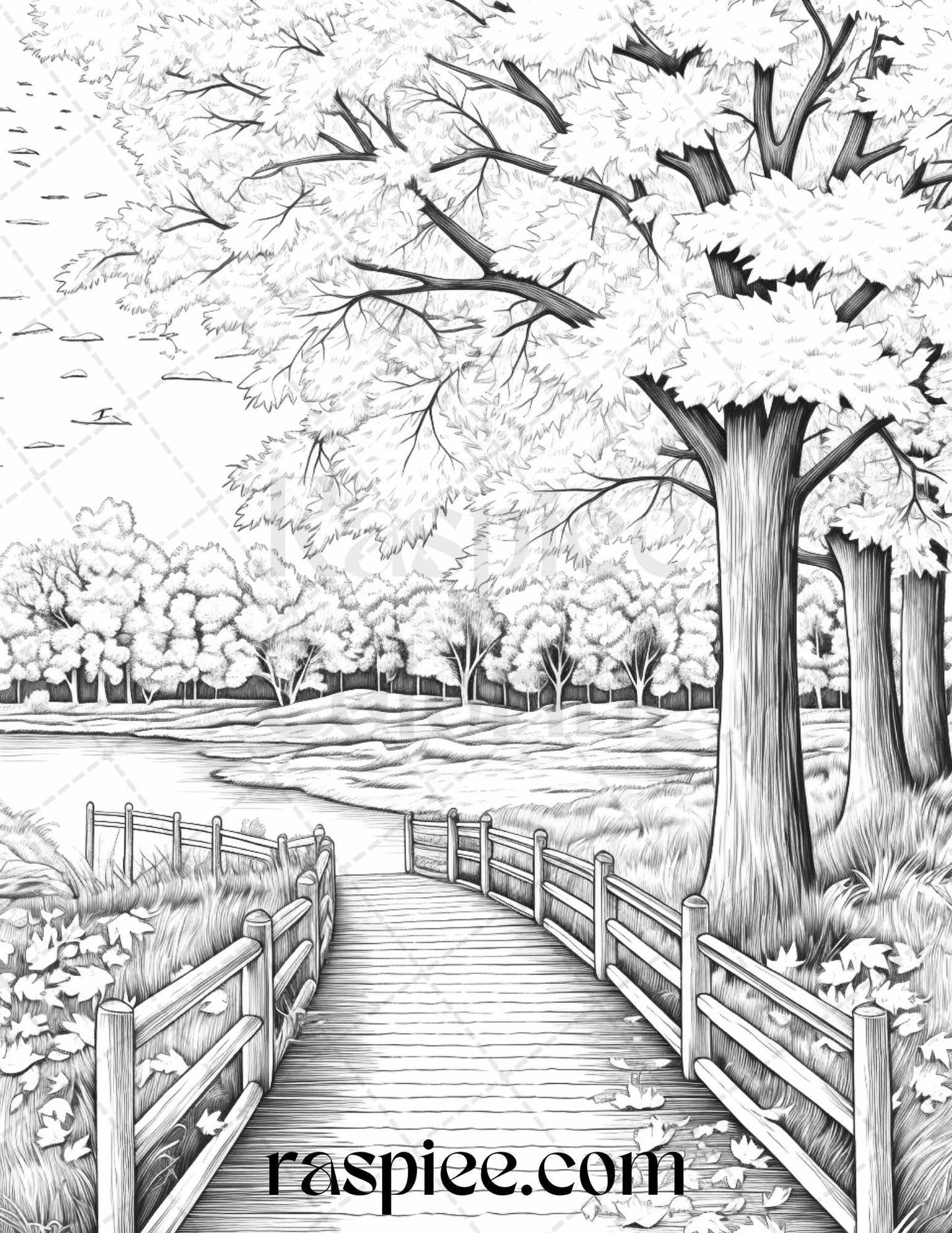 Autumn Scenery Grayscale Coloring Pages Printable for Adults, PDF File Instant Download - Raspiee Coloring