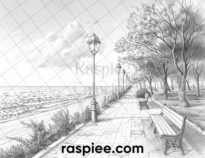 adult coloring pages, adult coloring sheets, adult coloring book pdf, adult coloring book printable, grayscale coloring pages, grayscale coloring books, landscapes coloring pages for adults, landscapes coloring book, grayscale illustration, summer adult coloring pages, summer coloring book, coastal landscapes adult coloring pages