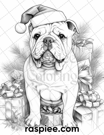 45 Christmas Dogs Grayscale Coloring Pages for Adults, Printable PDF Instant Download