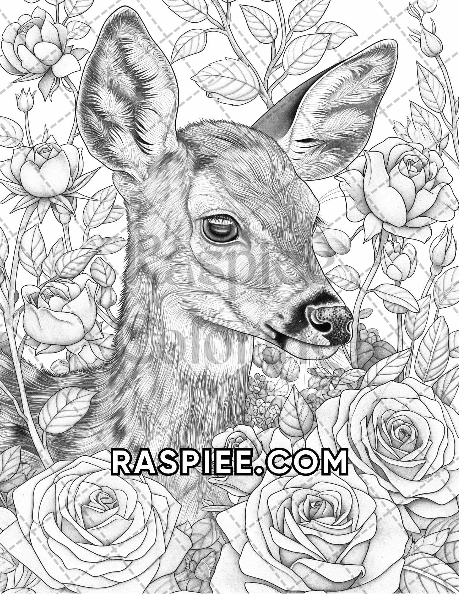 75 Animals in Flowers Grayscale Adult Coloring Pages Printable PDF Instant Download - RASPIEE