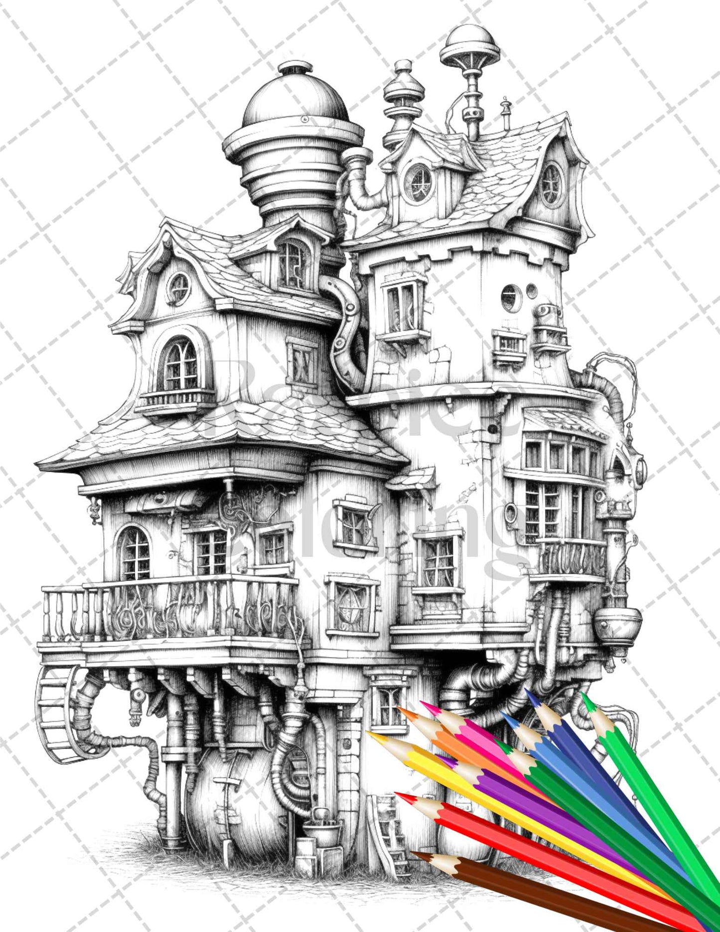 50 Steampunk Houses Grayscale Coloring Pages Printable for Adults, PDF File Instant Download - raspiee