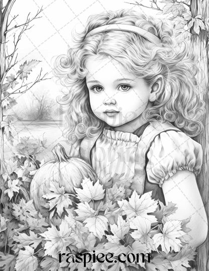40 Vintage Autumn Adorable Girls Grayscale Coloring Pages for Adults, Printable PDF File Instant Download