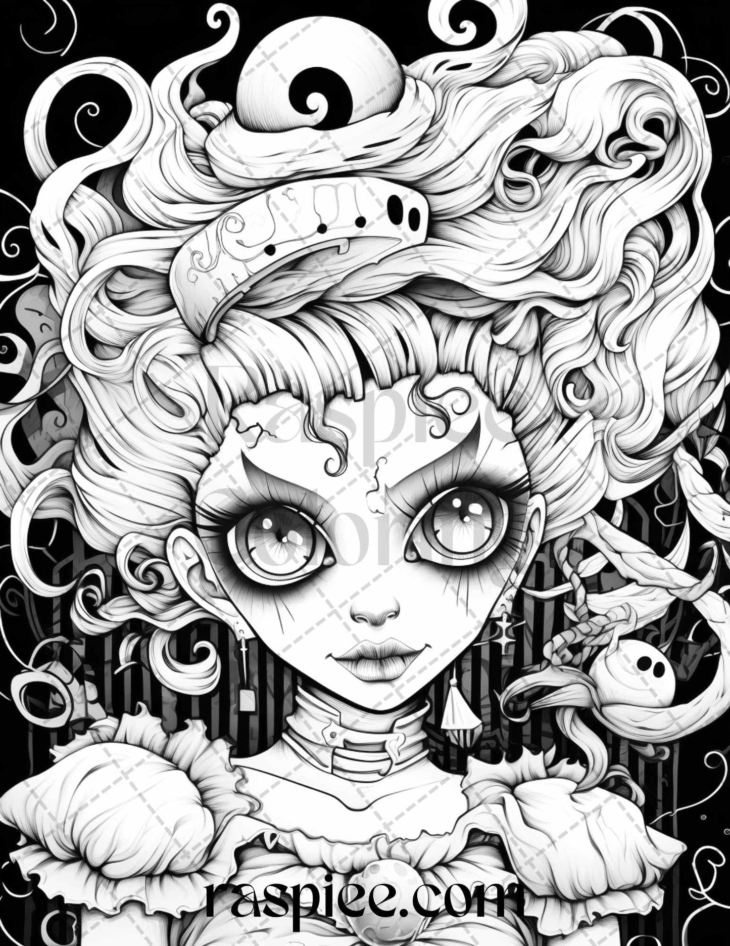 50 Spooky Miss Nightmare Grayscale Coloring Pages Printable for Adults, PDF File Instant Download - Raspiee Coloring