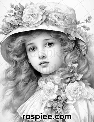 60 Spring Vintage Girls Grayscale Adult Coloring Pages, Printable PDF ...