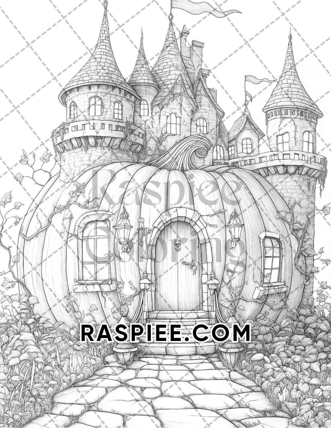 Fantasy Giant Pumpkin Castles Adult Coloring Pages Printable PDF Instant Download - RASPIEE