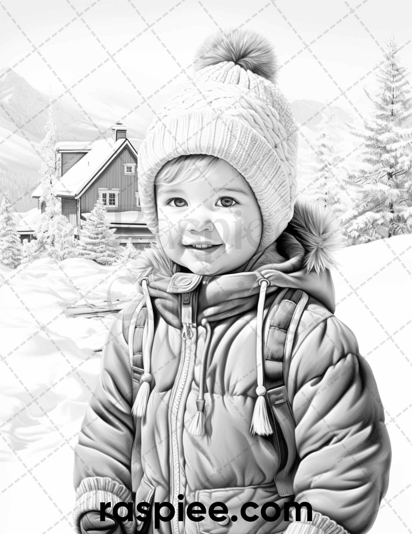 50 Baby Winter Portrait Grayscale Coloring Pages Printable for Adults, PDF File Instant Download