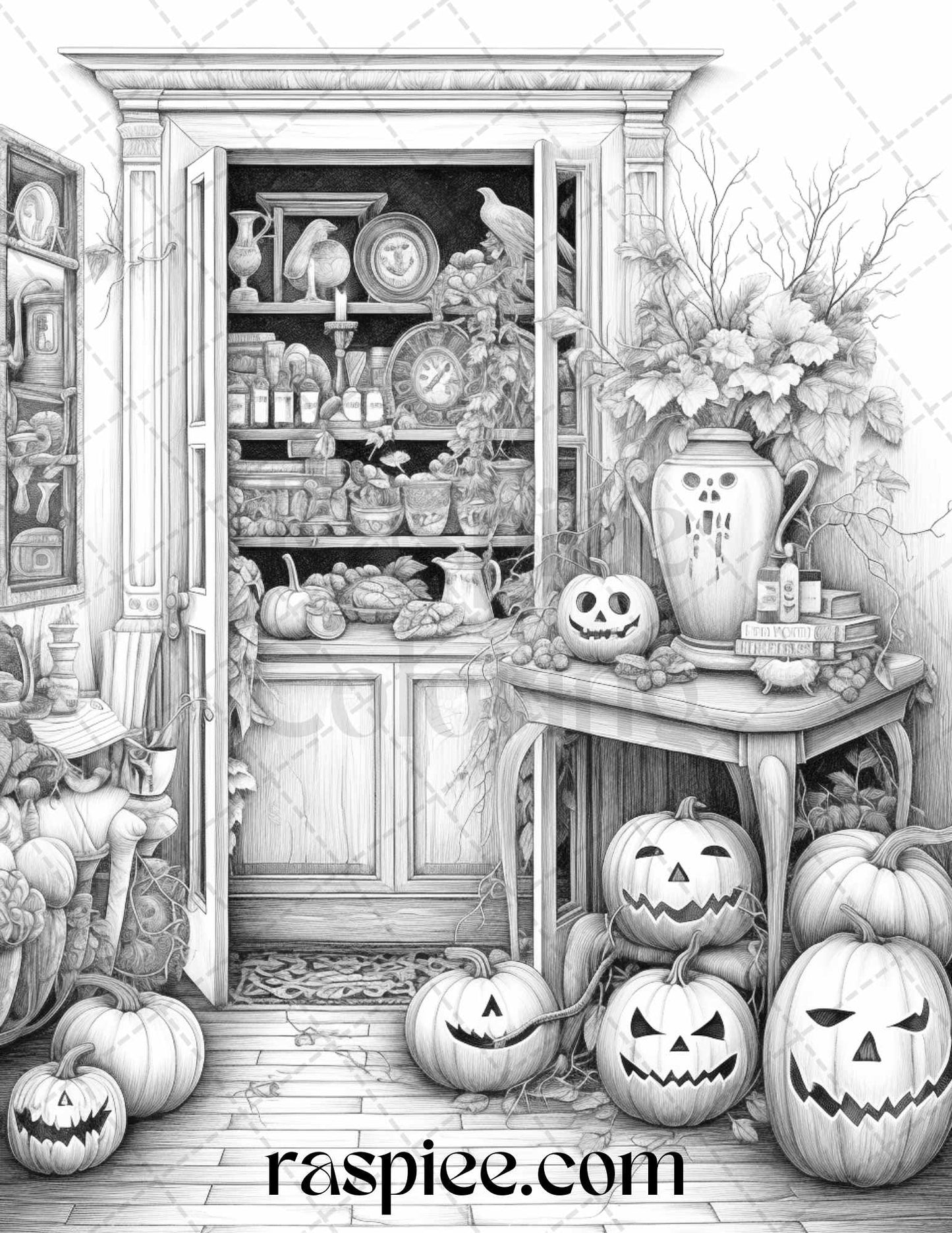 Spooky Halloween Home Decor: 40 Printable Grayscale Coloring Pages for Adults, PDF File Instant Download