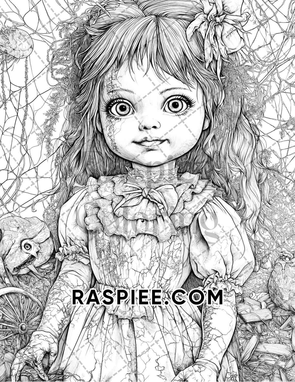 Haunted Dolls Halloween Horror Adult Coloring Pages Printable PDF Instant Download - RASPIEE