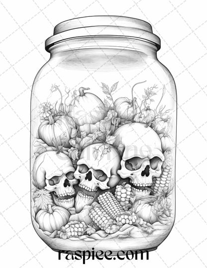 40 Halloween in Jar Grayscale Coloring Pages for Adults, Printable PDF File Instant Download