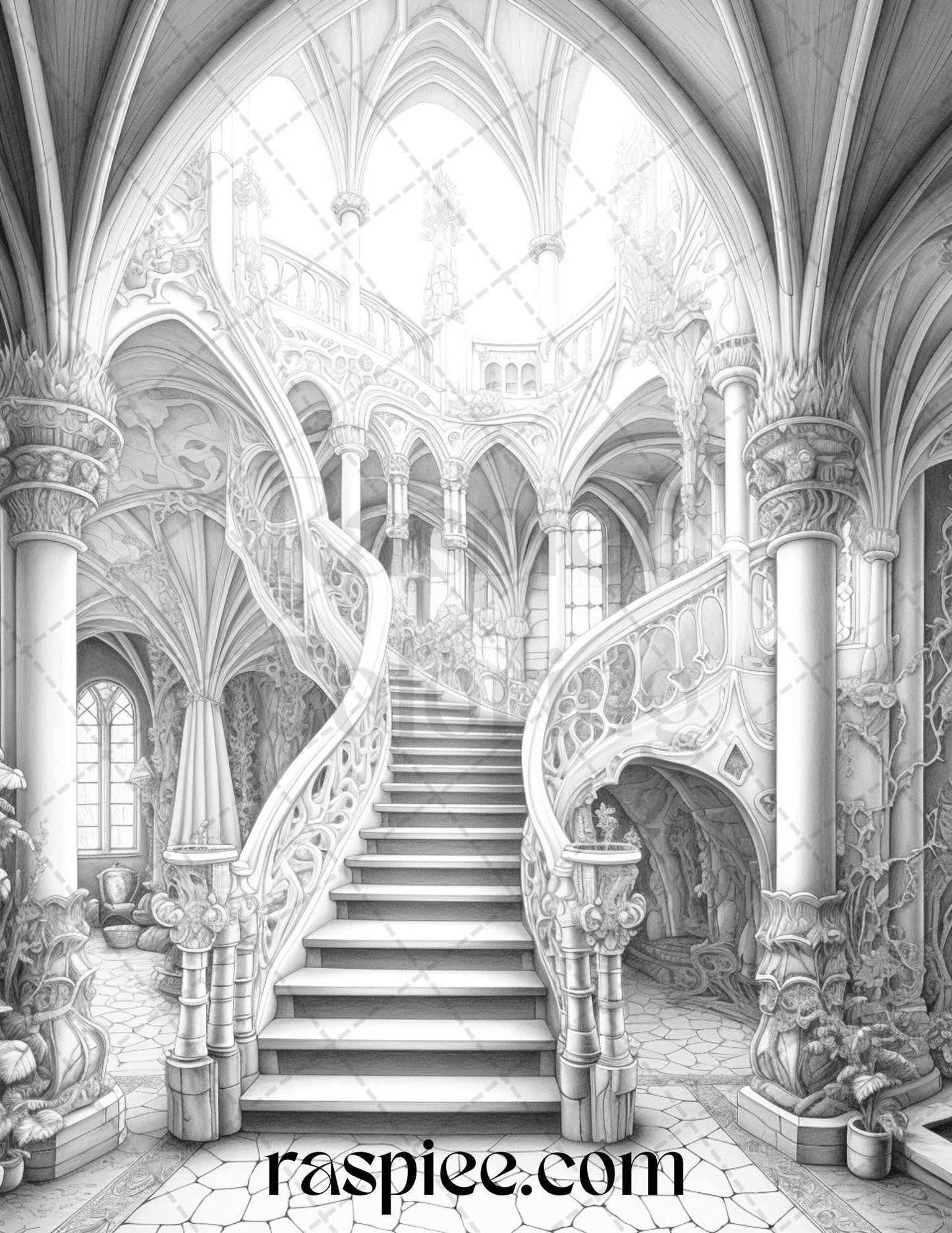 Fantasy Interior Grayscale Coloring Pages for Adults, Printable PDF File Instant Download