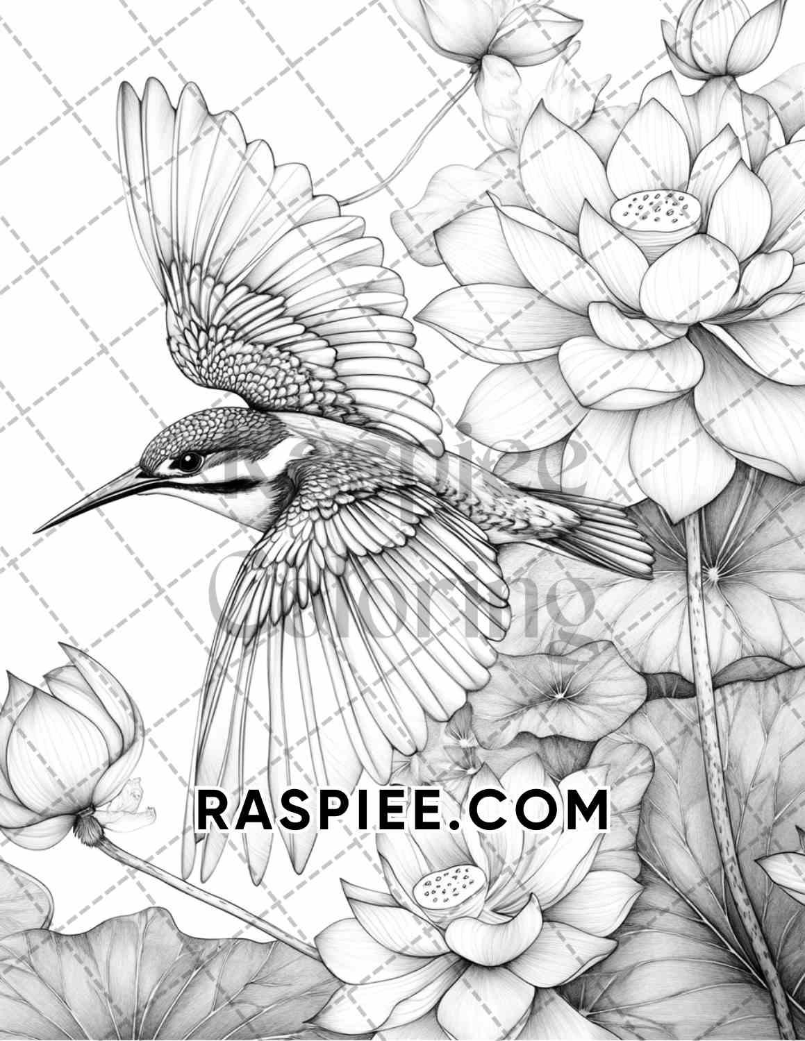 Flowers and Birds Adult Coloring Pages Printable PDF Instant Download - RASPIEE