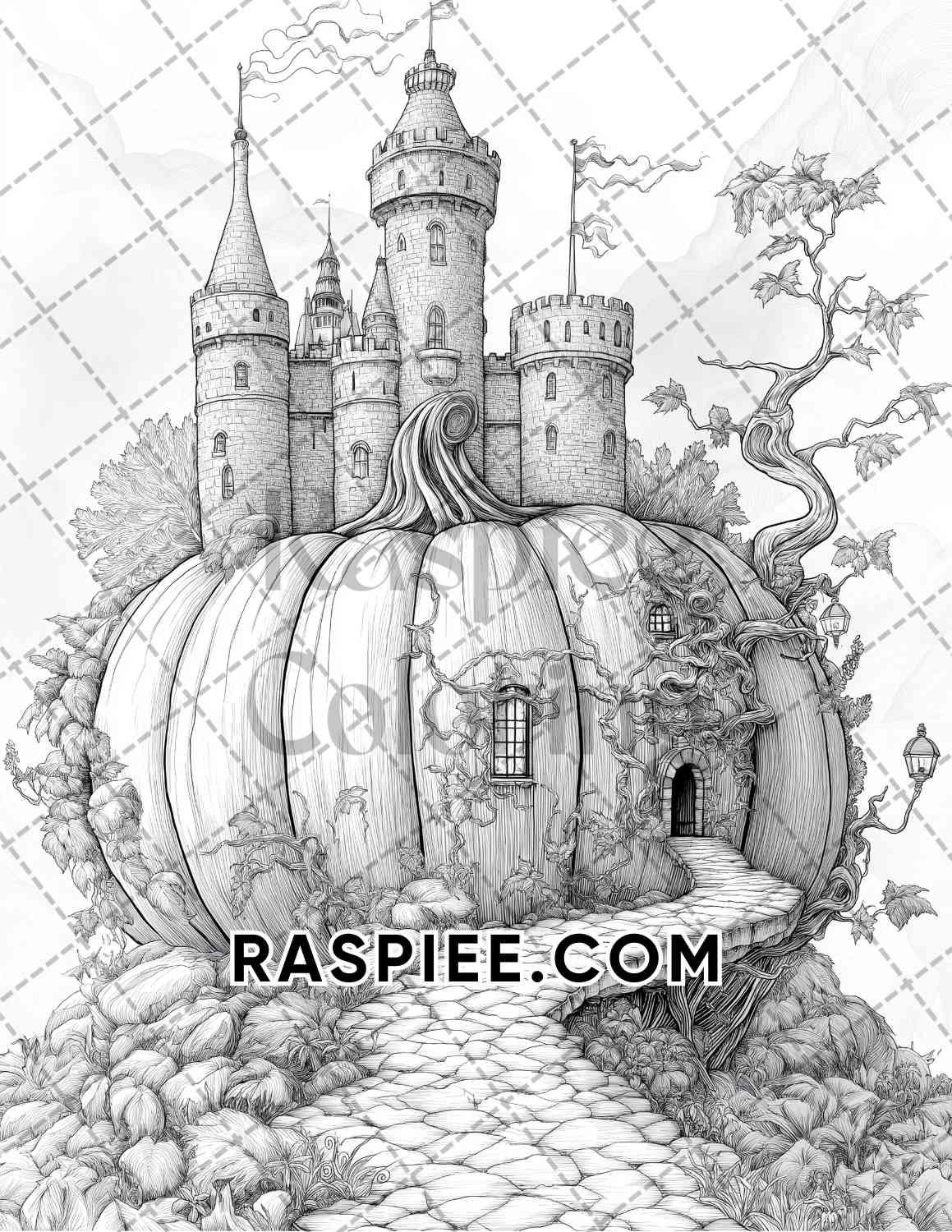 Fantasy Giant Pumpkin Castles Adult Coloring Pages Printable PDF Instant Download - RASPIEE